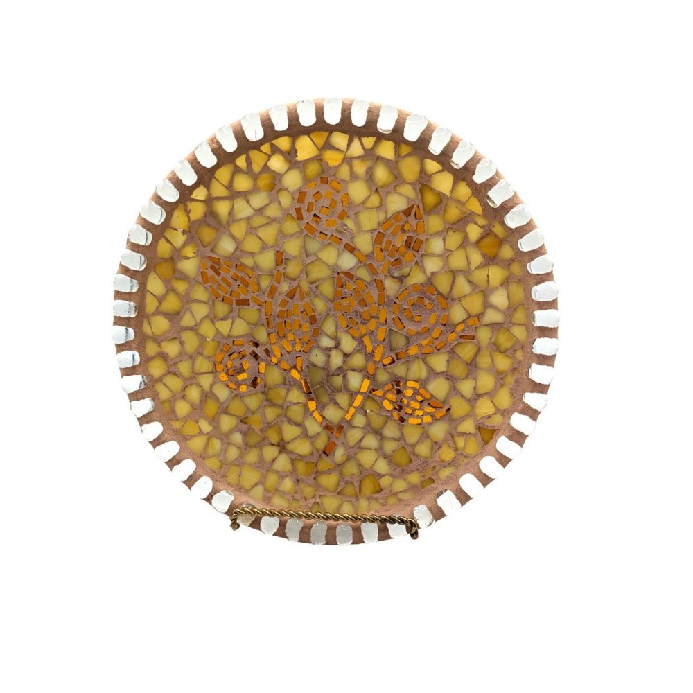 Vtg Mosaic Decorative Plate Yellow Glass n Terracotta Leaf Trellis Design 13"